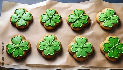 Generated image A collection of shamrock-shaped cookies decorated with green icing, laid out on parchment