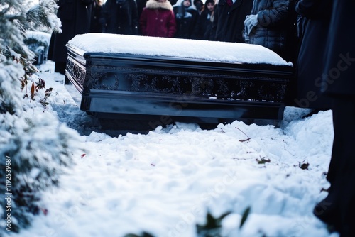 People gathered around a coffin in a snowy setting photo