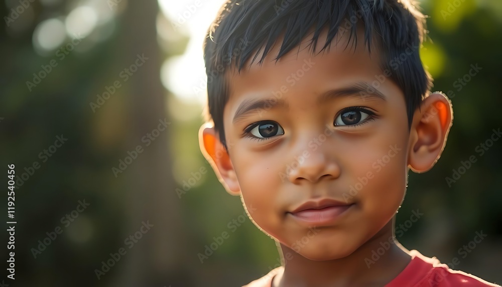 A young Southeast Asian boy is looking at the camera and smiling on bokeh background A young Southeast Asian boy is looking at the camera and smiling on bokeh background
