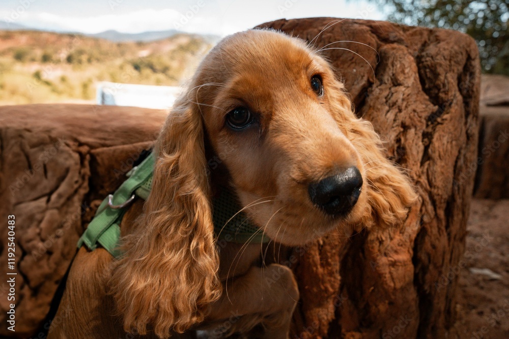 Cute Cocker Spaniel puppy with golden fur sitting outdoors on a sunny day, with a blurred background Cute Cocker Spaniel puppy with golden fur sitting outdoors on a sunny day, with a blurred background