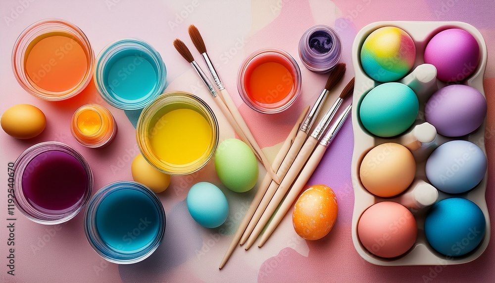 Generated image A flat lay of Easter egg dyeing kits with paintbrushes and vibrant eggs in progress. Generated image A flat lay of Easter egg dyeing kits with paintbrushes and vibrant eggs in progress.