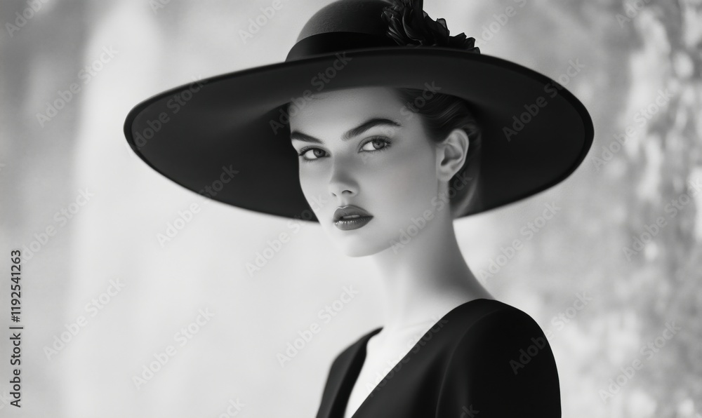 Elegant black and white portrait of a woman wearing a large hat, showcasing timeless beauty and sophistication Elegant black and white portrait of a woman wearing a large hat, showcasing timeless beauty and sophistication