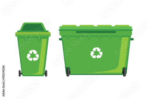 Garbage cans with sorted garbage. Sorting garbage. Ecology and recycle. Trash cans. Green, yellow, orange, red, blue and black recycle bins with recycle symbol isolated on white background.