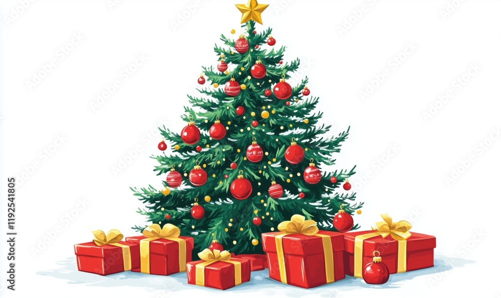 Christmas tree adorned with red ornaments and golden star, surrounded by beautifully wrapped presents in festive colors Christmas tree adorned with red ornaments and golden star, surrounded by beautifully wrapped presents in festive colors