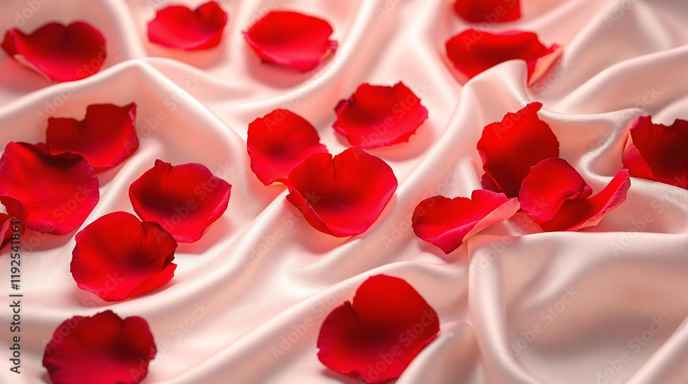 Vibrant red rose petals scattered across luxurious pink satin fabric. Evocative of romance, passion, and luxury. Vibrant red rose petals scattered across luxurious pink satin fabric. Evocative of romance, passion, and luxury.