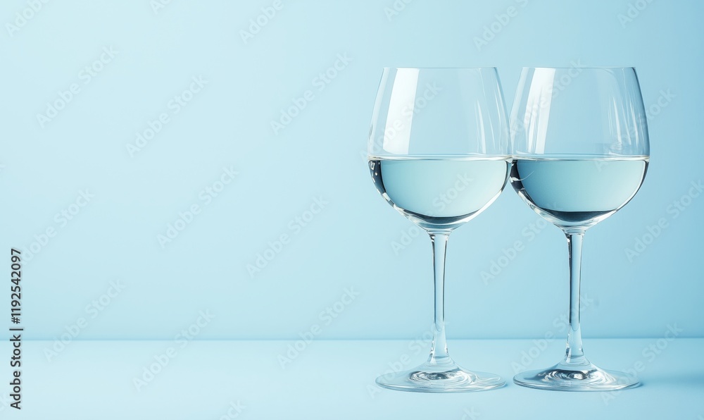 Elegant wine glasses filled with clear liquid against soft blue background, showcasing simplicity and sophistication Elegant wine glasses filled with clear liquid against soft blue background, showcasing simplicity and sophistication