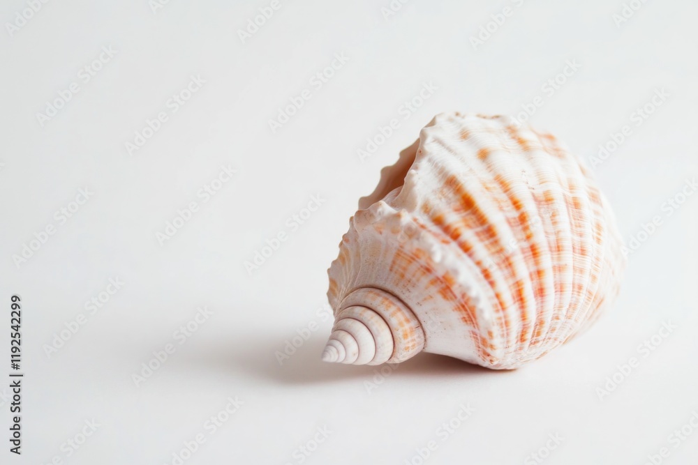 A single sea shell sits on a white surface A single sea shell sits on a white surface