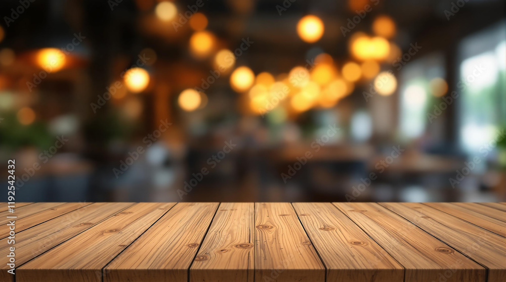 Wooden tabletop in a cafe setting, perfect for product display Wooden tabletop in a cafe setting, perfect for product display