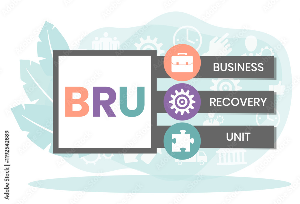BRU - business recovery unit. acronym business concept. vector illustration concept with keywords and icons. lettering illustration with icons for web banner, flyer, landing page BRU - business recovery unit. acronym business concept. vector illustration concept with keywords and icons. lettering illustration with icons for web banner, flyer, landing page