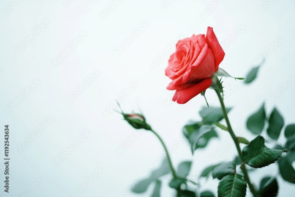 Obraz premium A single red rose in a clear glass vase placed on a table, perfect for decorating or as a symbol of love and appreciation