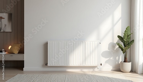 A modern white radiator in a living room