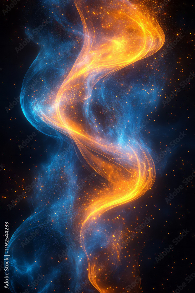 Bold neon waves of bright blue colliding with curved lines of golden yellow, creating a powerful clash on a dark background, Bold neon waves of bright blue colliding with curved lines of golden yellow, creating a powerful clash on a dark background,