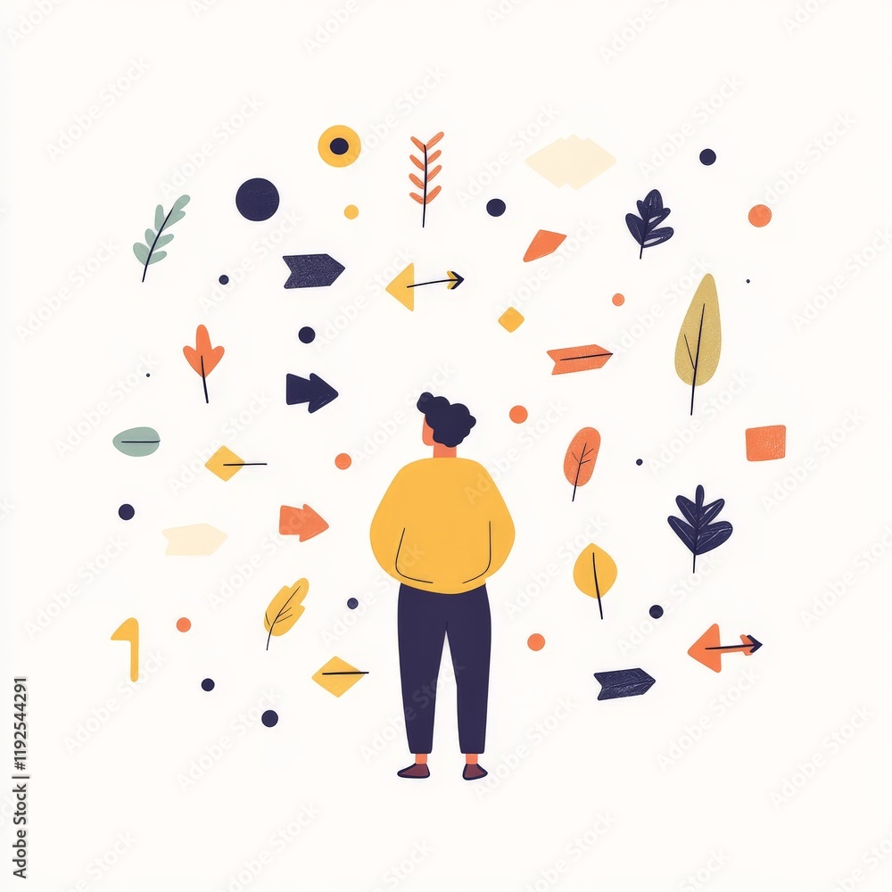Abstract illustration of a person surrounded by symbols and objects, symbolizing decision making, security challenges, and navigating complex digital systems in a conceptual design Abstract illustration of a person surrounded by symbols and objects, symbolizing decision making, security challenges, and navigating complex digital systems in a conceptual design