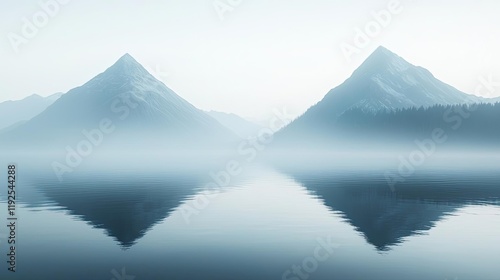 Wallpaper Mural Minimal symmetry idea. Serene mountain landscape reflected in tranquil water under a misty atmosphere Torontodigital.ca