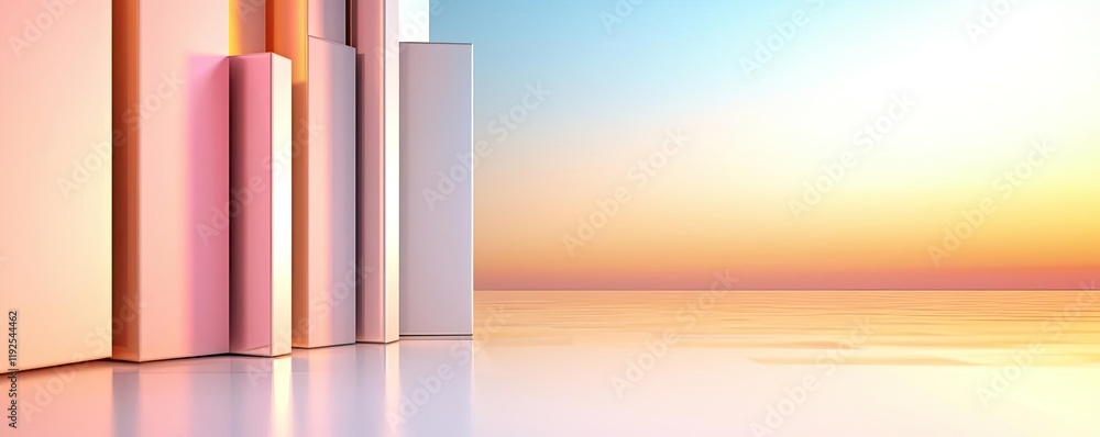 Obraz premium Minimal symmetry idea. Modern architecture with pastel colors against a serene sunset backdrop.