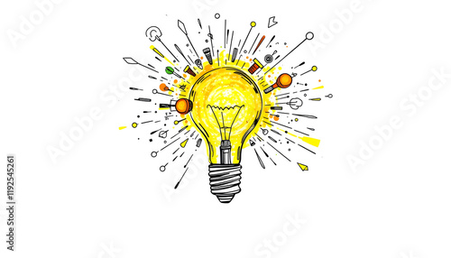 Creative energy explosion from light bulb, doodle art, with white tones