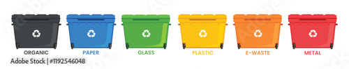 garbage cans with sorted garbage. Sorting garbage. Ecology and recycle. Trash cans. Green, yellow, orange, red, blue and black recycle bins with recycle symbol isolated on white background.