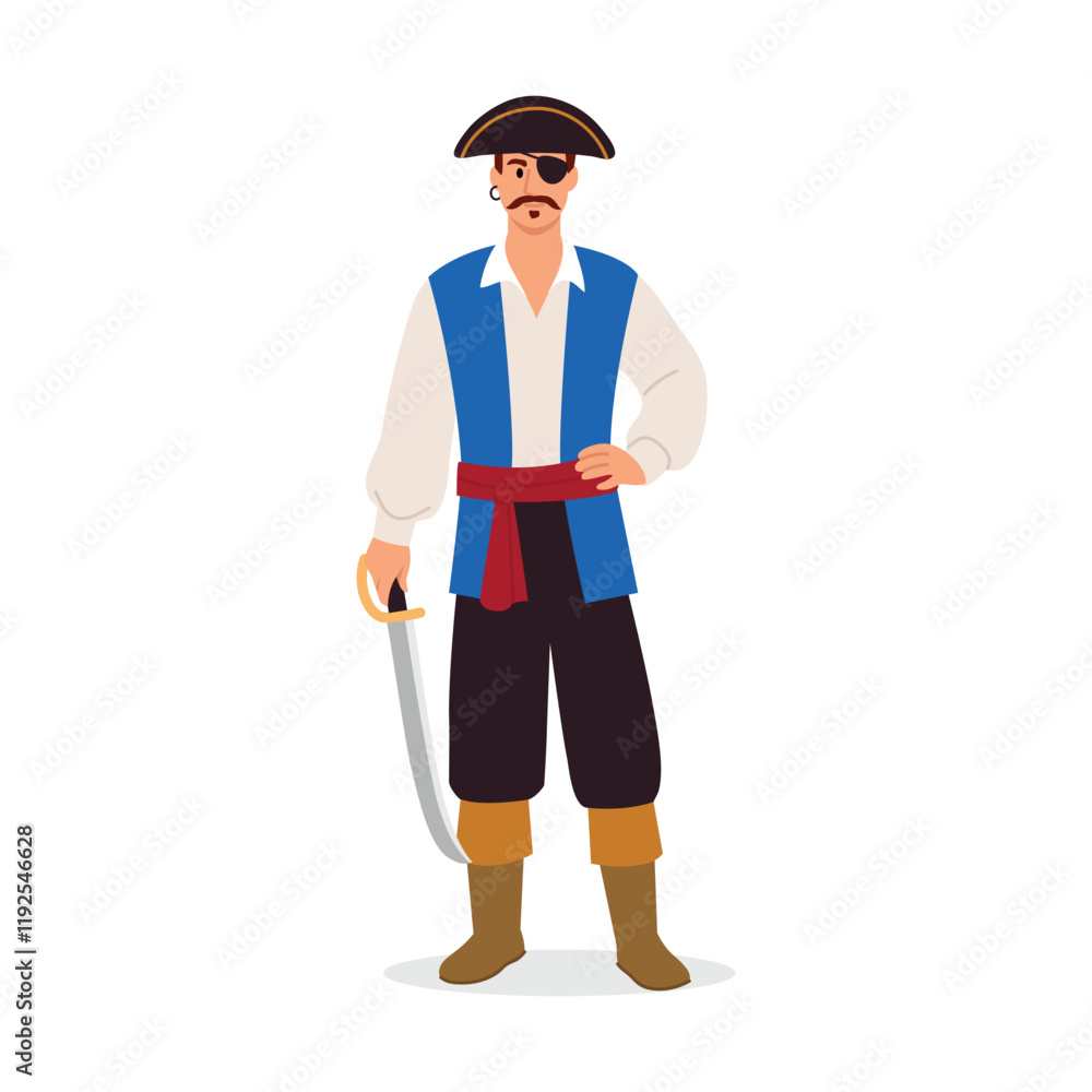 Vector illustration of a slim pirate. Cartoon scene of a mustachioed pirate in a tricorne, with a black eye patch, shirt, pants, vest, red belt, boots, saber isolated on white background. Sea robber. Vector illustration of a slim pirate. Cartoon scene of a mustachioed pirate in a tricorne, with a black eye patch, shirt, pants, vest, red belt, boots, saber isolated on white background. Sea robber.