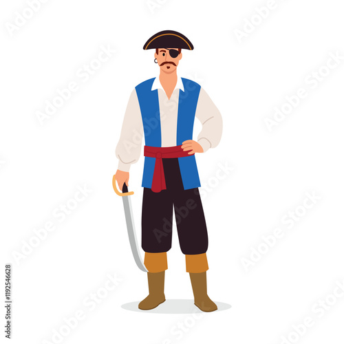 Vector illustration of a slim pirate. Cartoon scene of a mustachioed pirate in a tricorne, with a black eye patch, shirt, pants, vest, red belt, boots, saber isolated on white background. Sea robber.