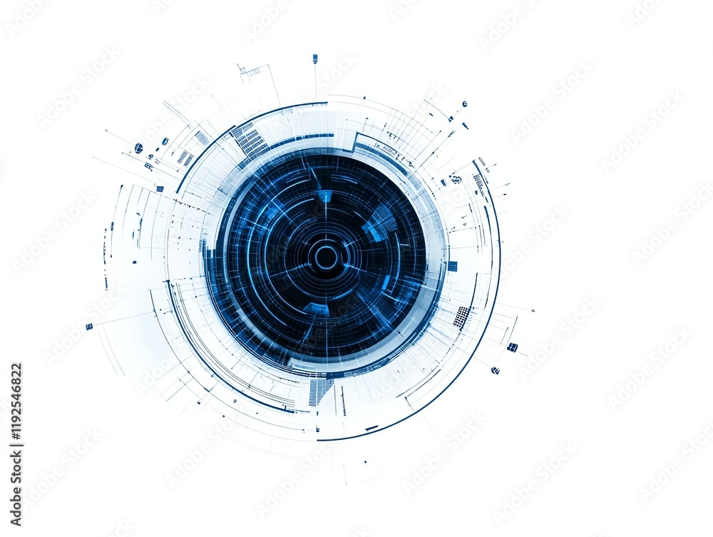A digital technology overlay, floating HUD elements, holographic grid patterns, blue neon glow, isolated on white background