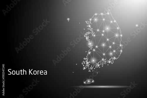Abstract Mash Line and Point Scales on The Dark Gradient Background With Map of South Korea. 3D Mesh Polygonal Network Connections. Vector illustration eps 10.	
