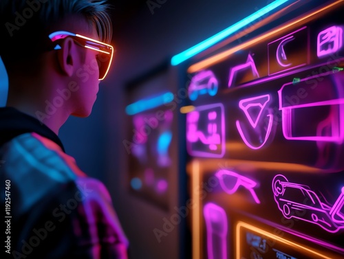 A futuristic shopping assistant hologram with glowing retro fonts, vibrant neon animations, and a floating digital price tag overlay photo