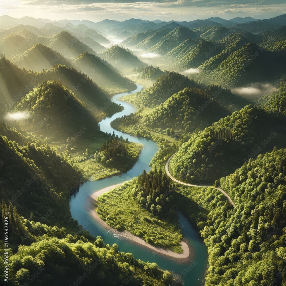 An aerial view of a lush green forest with a winding river
An aerial view of a lush green forest with a winding river
