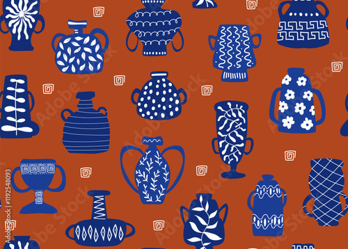 ancient ceramics vases pots in  blue white on rust  background seamless pattern, vector illustration repeat design