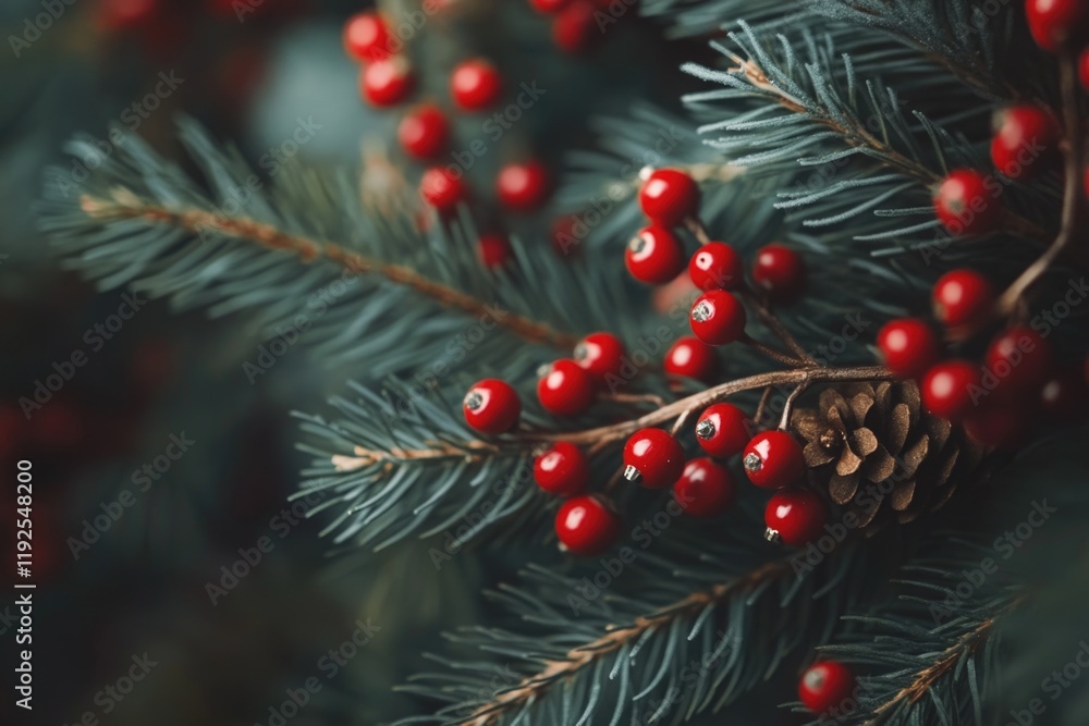 A pine branch featuring bright red berries and a pine cone A pine branch featuring bright red berries and a pine cone
