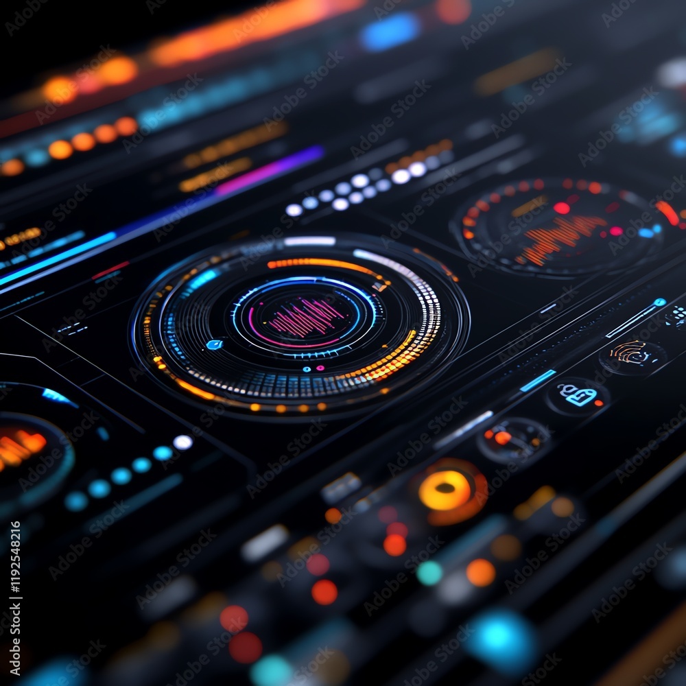 A layered cybernetic UI overlay with holographic energy streams, vintage-inspired neon widgets, and vibrant data grids A layered cybernetic UI overlay with holographic energy streams, vintage-inspired neon widgets, and vibrant data grids