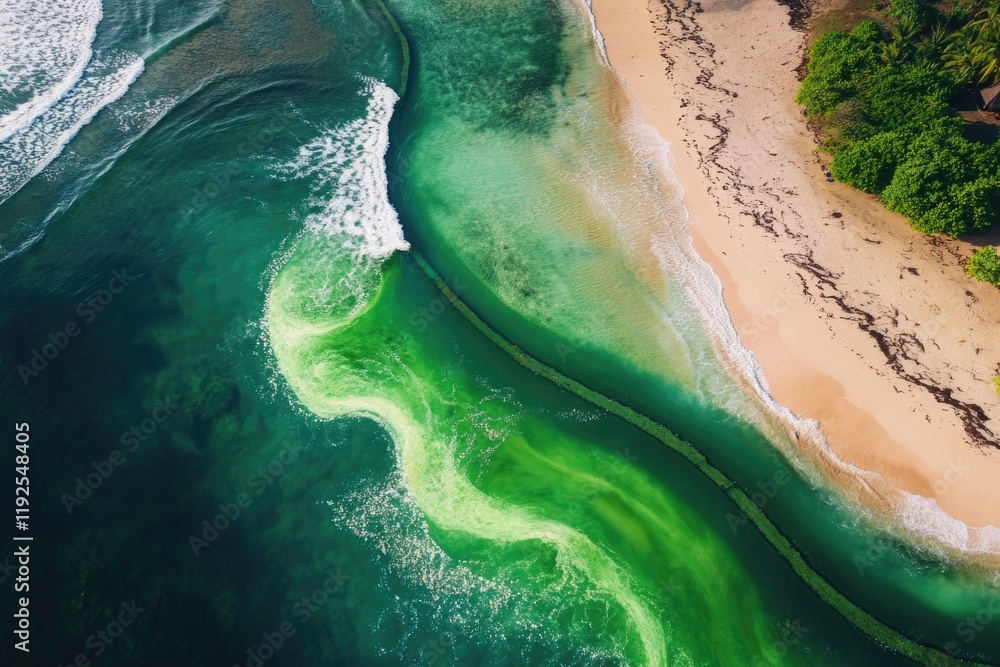Fototapeta premium Aerial view of a body of water near a beach, great for travel or coastal scenes