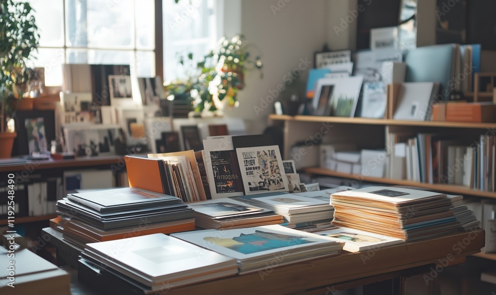 Artistic workspace filled with stacks of photography books, prints, and creative materials showcasing a vibrant collection of visual art Artistic workspace filled with stacks of photography books, prints, and creative materials showcasing a vibrant collection of visual art