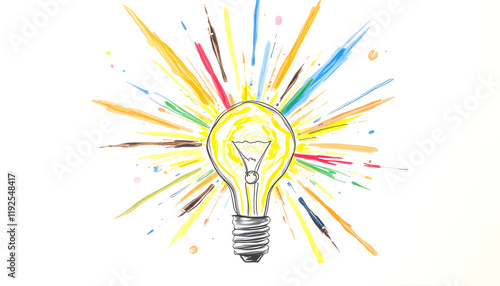Creative energy explosion from light bulb, crayon drawing, with white tones