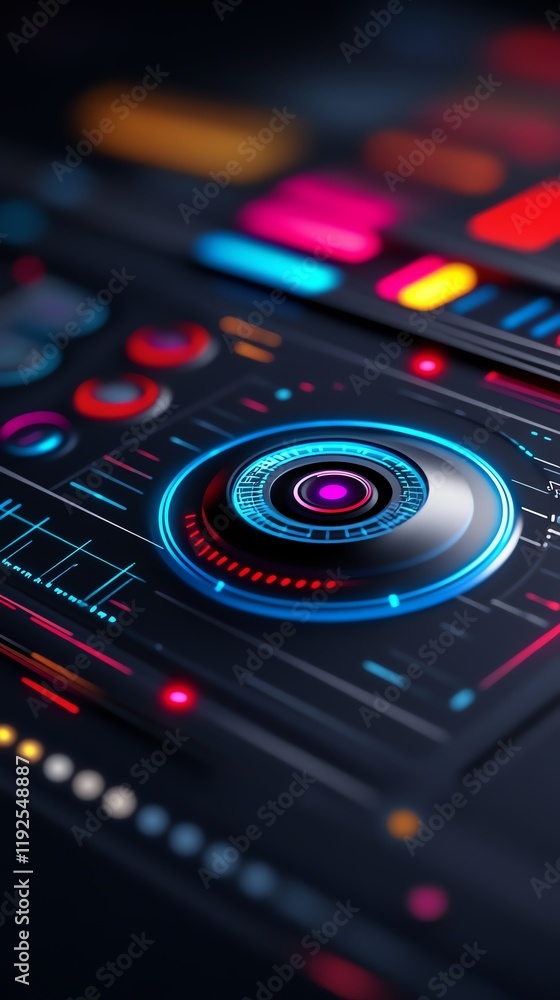 A retro sci-fi virtual interface, with glowing holographic buttons, layered data grids, and vibrant neon effects A retro sci-fi virtual interface, with glowing holographic buttons, layered data grids, and vibrant neon effects