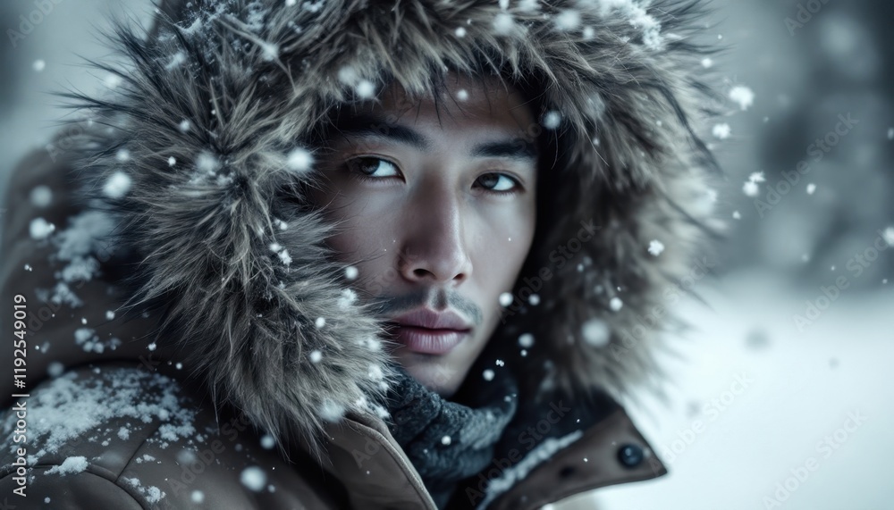 Young asian male braving winter in fur hooded parka Young asian male braving winter in fur hooded parka