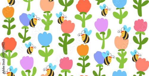 cute bees and tulips flowers meadow seamless pattern in bold modern abstract style, repeat design for kids nursery