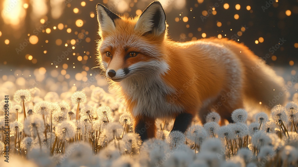 Fototapeta premium Red fox in dandelion field at sunset (2)