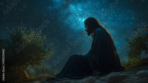 Jesus kneeling in the Garden of Gethsemane under a starry night sky, his face illuminated by the moonlight. He prays earnestly, with the silhouette of olive trees surrounding him.
