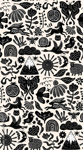 scandinavian nature illustration seamless pattern with  birds rabbit moon sun sheep bloom wildflowers mount goose foliage, black and white  tan vector repeat design