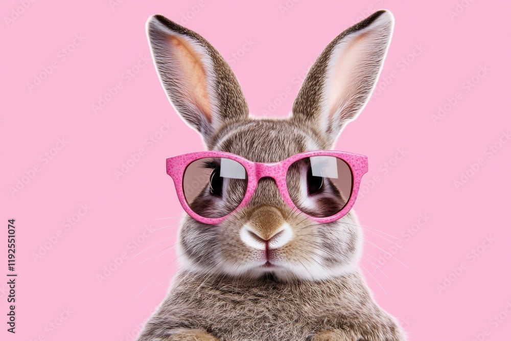 Fototapeta premium Rabbit wearing pink sunglasses against a pastel pink background exudes a playful and stylish vibe during a fun photoshoot