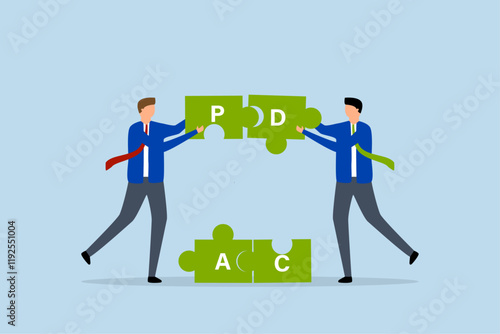 Business associate colleague assist finish jigsaw puzzle cycle with letters PDCA.