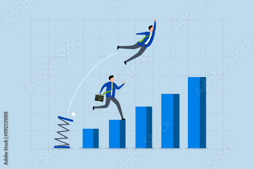 entrepreneur leaping on springboard to outsmart rival. 