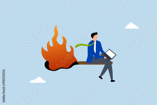 Burnout from overworked, desperate entrepreneur using laptop on a lit matchstick. 