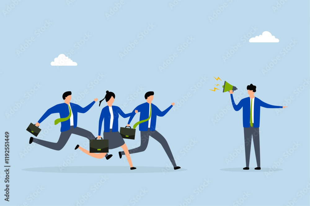 Fototapeta premium Business guide to move to the right success direction, Entrepreneur with loudspeaker instructs colleagues to proceed correctly. 