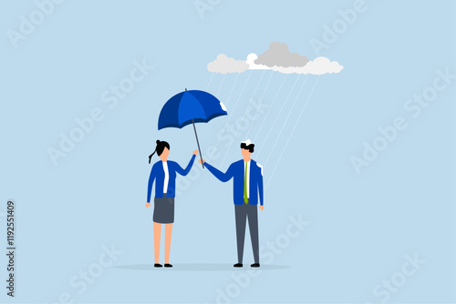 considerate entrepreneur provides an umbrella to shield a woman. 