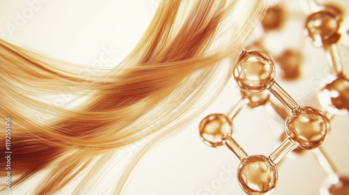 Close-up of vibrant hair strands and molecular structure representing beauty and health in hair care