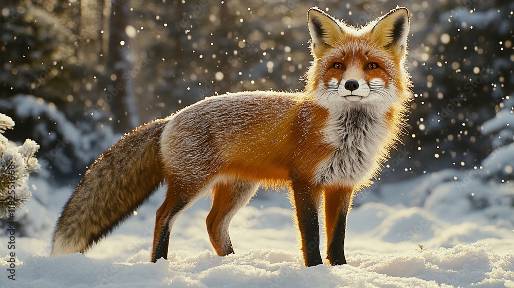 Red fox in snowy forest, winter sunlight Red fox in snowy forest, winter sunlight