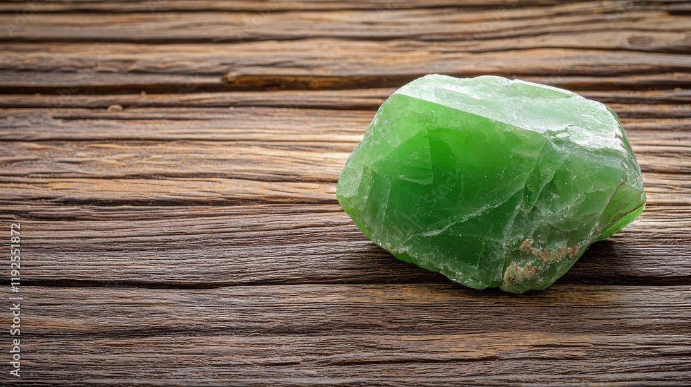 Green Fluorite Crystal on Wood: A vibrant green fluorite crystal, with its striking geometric facets and translucent glow, rests on a rustic wooden surface. Green Fluorite Crystal on Wood: A vibrant green fluorite crystal, with its striking geometric facets and translucent glow, rests on a rustic wooden surface.