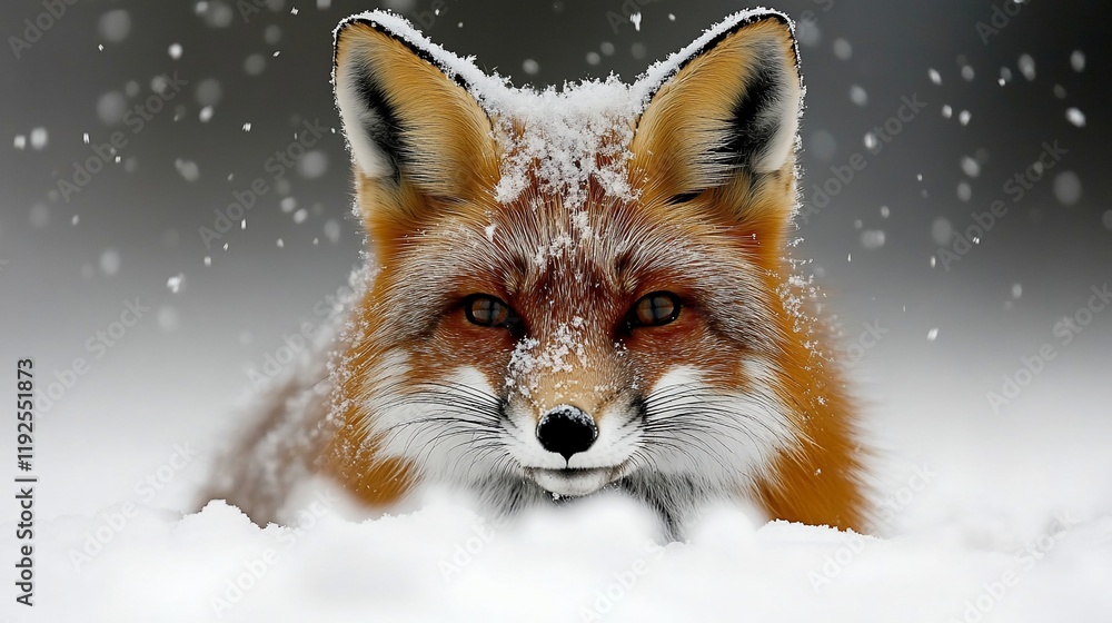 Fototapeta premium Red fox in snowy forest, winter scene