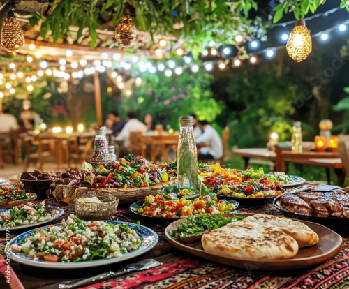 Evening feast featuring colorful dishes and vibrant atmosphere in an outdoor setting photo